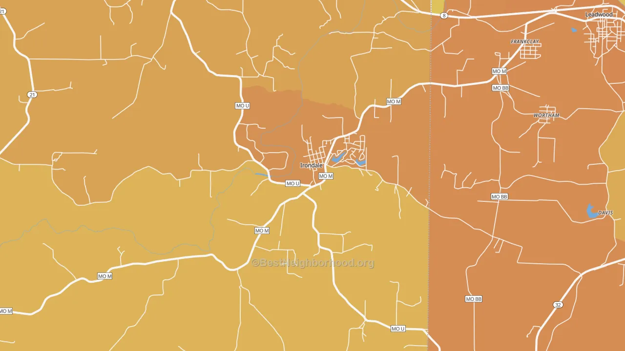 Map of the best neighborhoods in the 63648 area, with better matches in green and worse matches in red