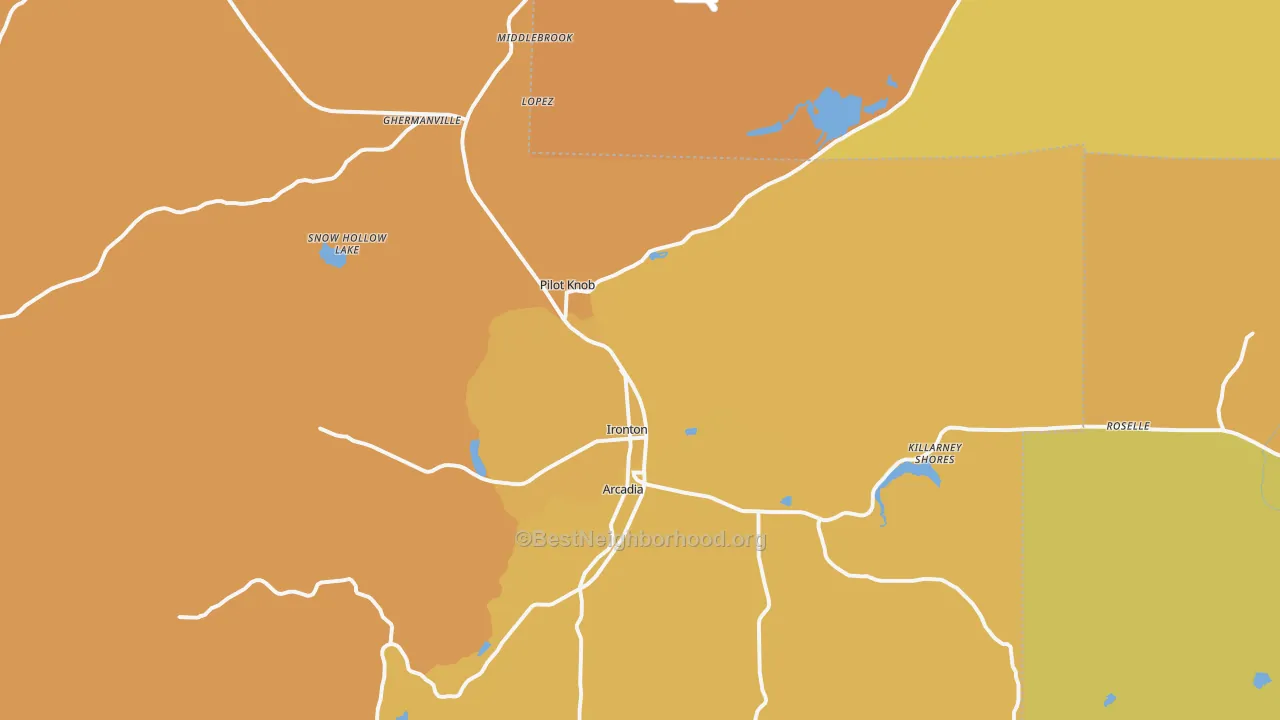 Map of the best neighborhoods in the 63650 area, with better matches in green and worse matches in red