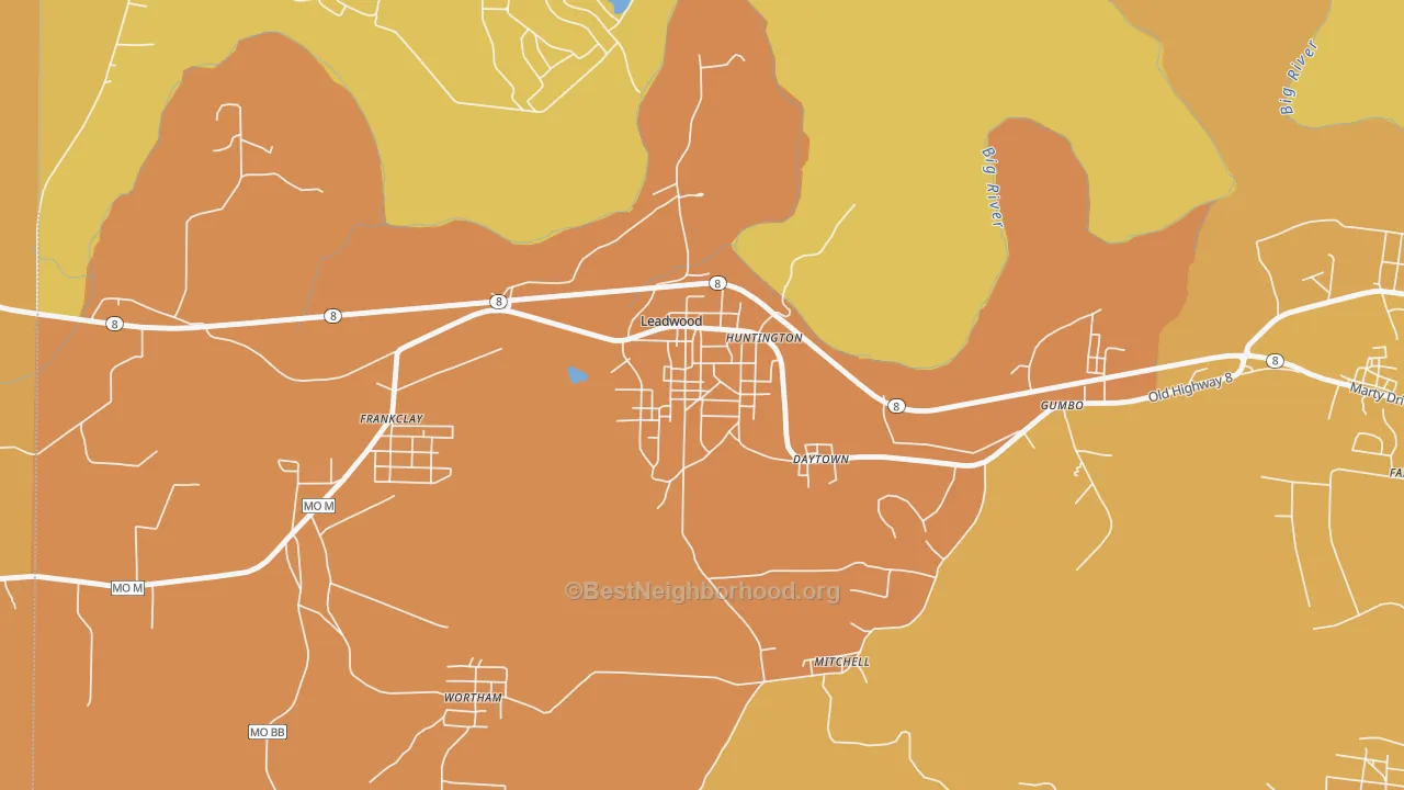Map of the best neighborhoods in the 63653 area, with better matches in green and worse matches in red