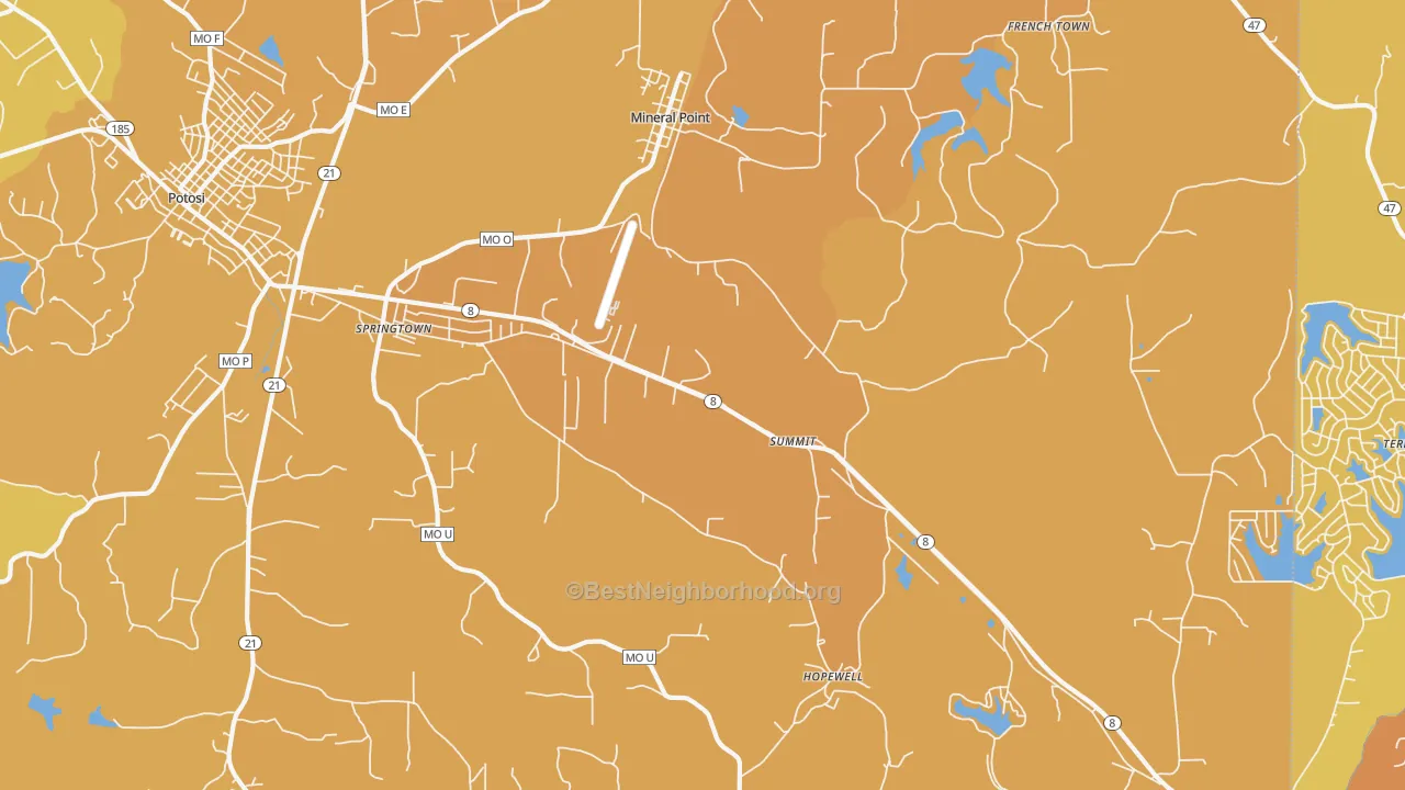 Map of the best neighborhoods in the 63660 area, with better matches in green and worse matches in red