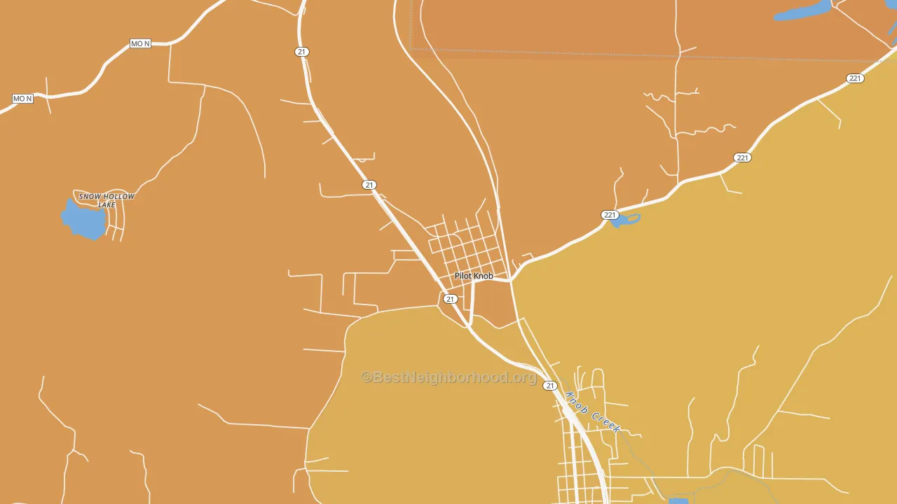 Map of the best neighborhoods in the 63663 area, with better matches in green and worse matches in red