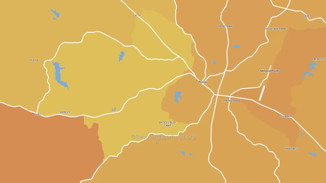 Map of the best neighborhoods in the 63664 area, with better matches in green and worse matches in red