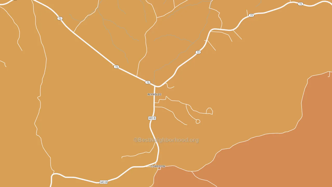 Map of the best neighborhoods in the 63666 area, with better matches in green and worse matches in red