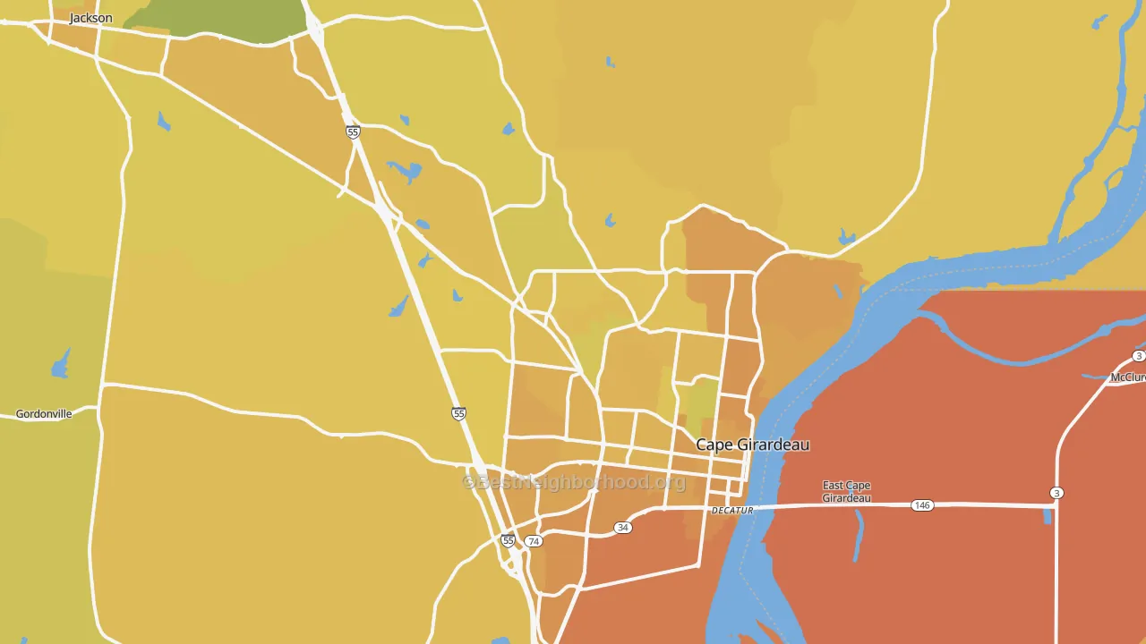Map of the best neighborhoods in the 63701 area, with better matches in green and worse matches in red