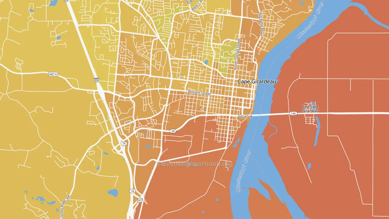 Map of the best neighborhoods in the 63703 area, with better matches in green and worse matches in red