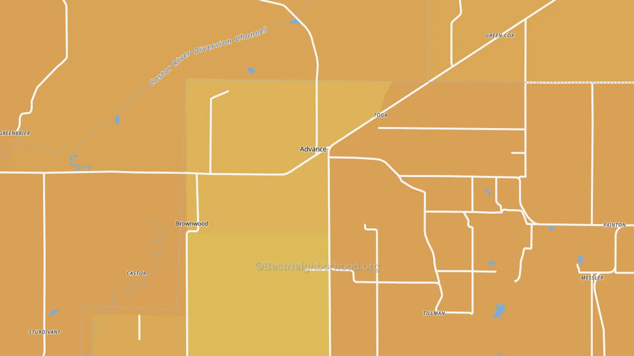 Map of the best neighborhoods in the 63730 area, with better matches in green and worse matches in red