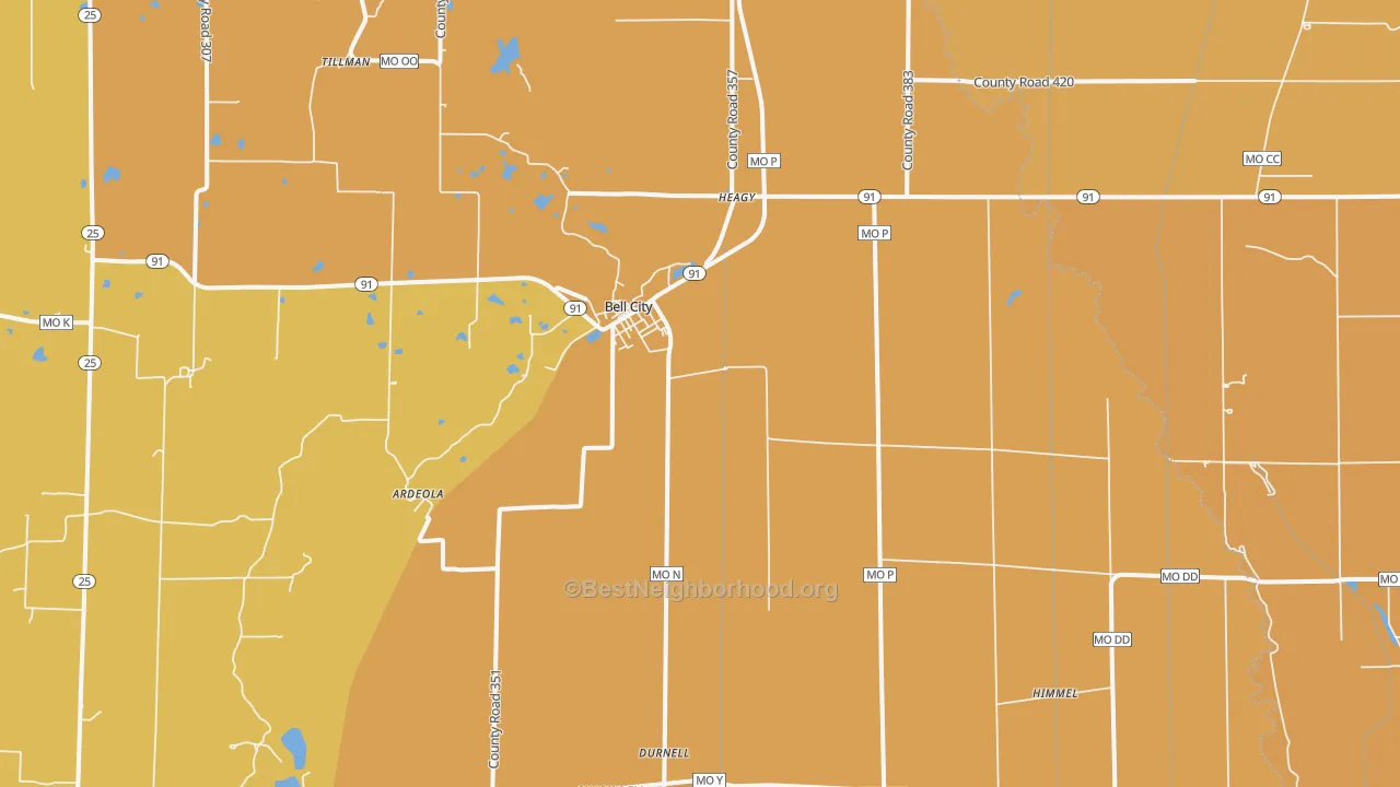 Map of the best neighborhoods in the 63735 area, with better matches in green and worse matches in red