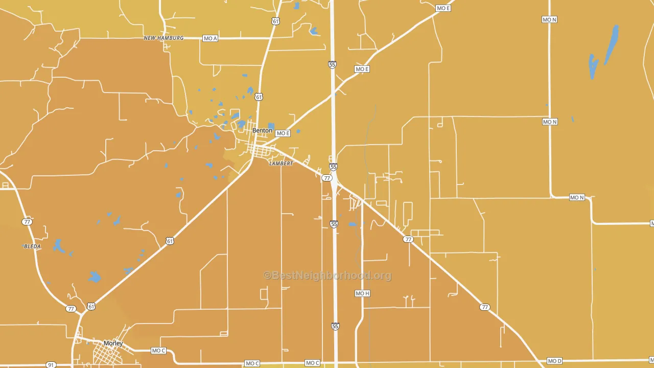 Map of the best neighborhoods in the 63736 area, with better matches in green and worse matches in red