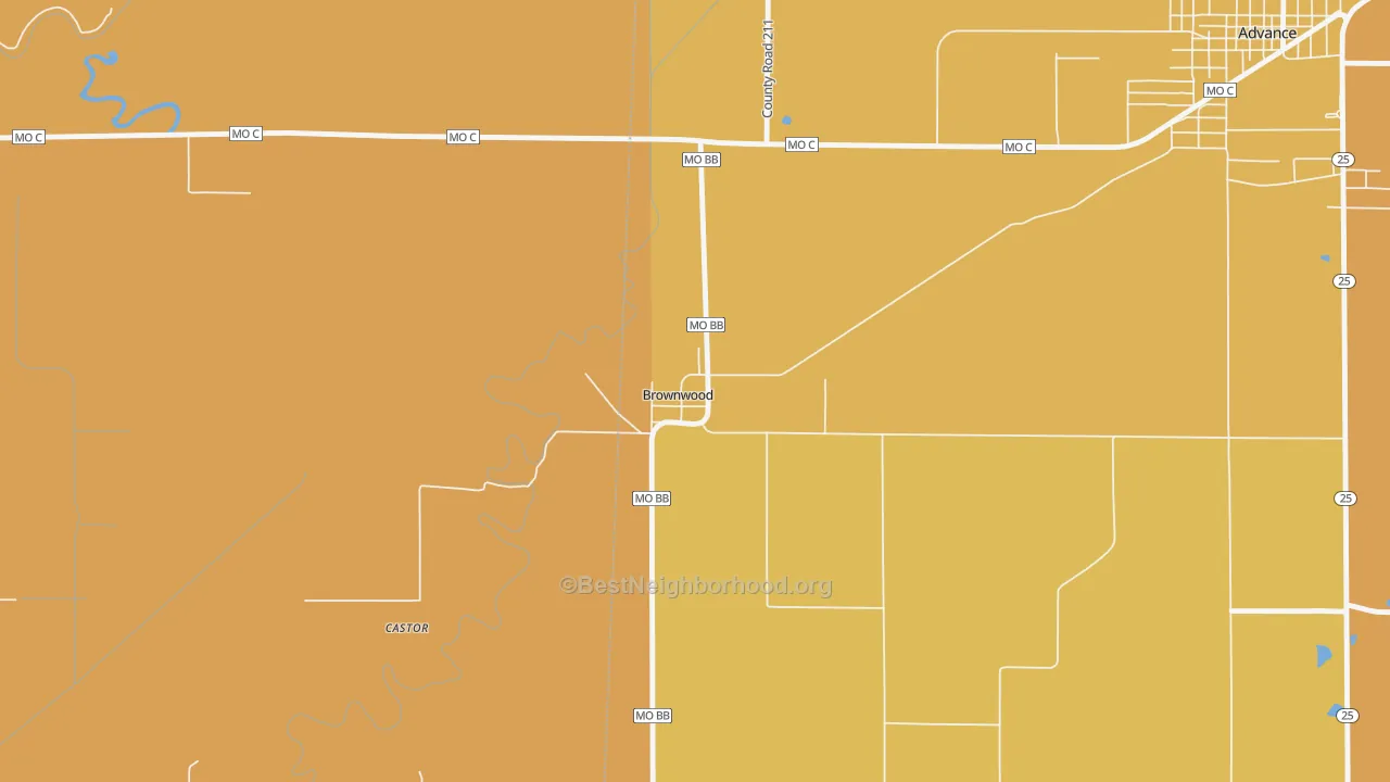 Map of the best neighborhoods in the 63738 area, with better matches in green and worse matches in red
