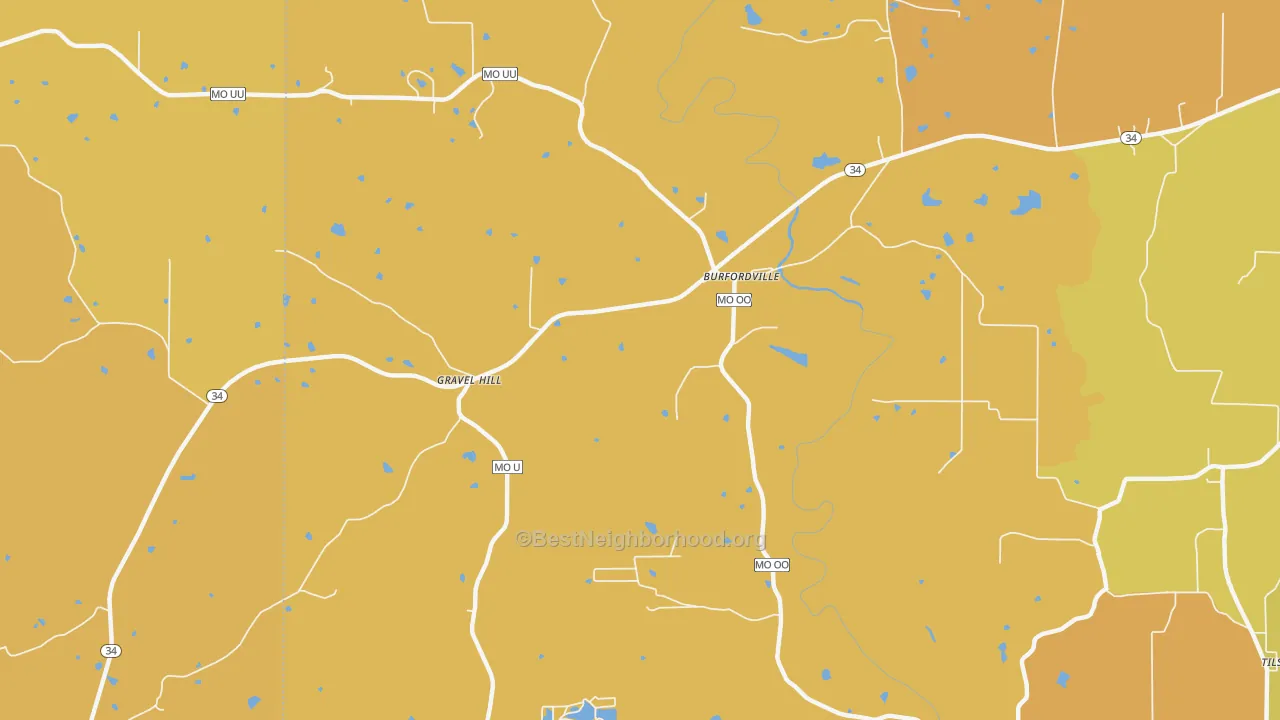 Map of the best neighborhoods in the 63739 area, with better matches in green and worse matches in red