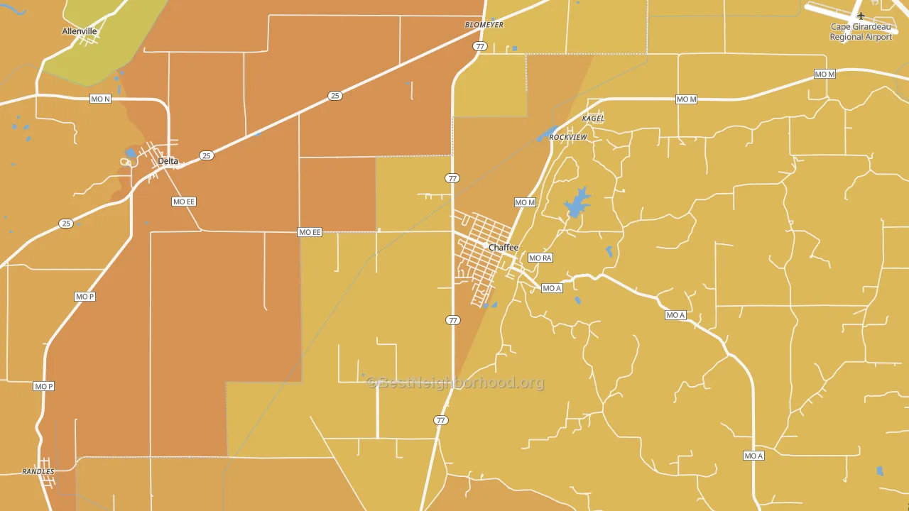 Map of the best neighborhoods in the 63740 area, with better matches in green and worse matches in red