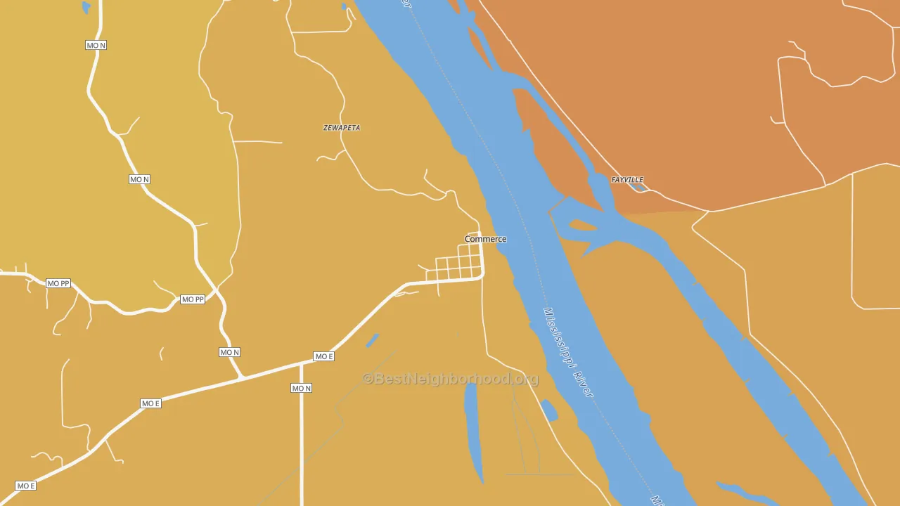 Map of the best neighborhoods in the 63742 area, with better matches in green and worse matches in red