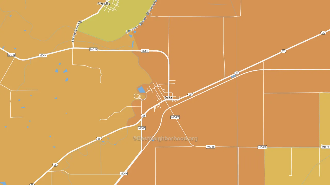 Map of the best neighborhoods in the 63744 area, with better matches in green and worse matches in red