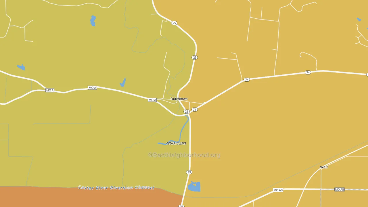 Map of the best neighborhoods in the 63745 area, with better matches in green and worse matches in red