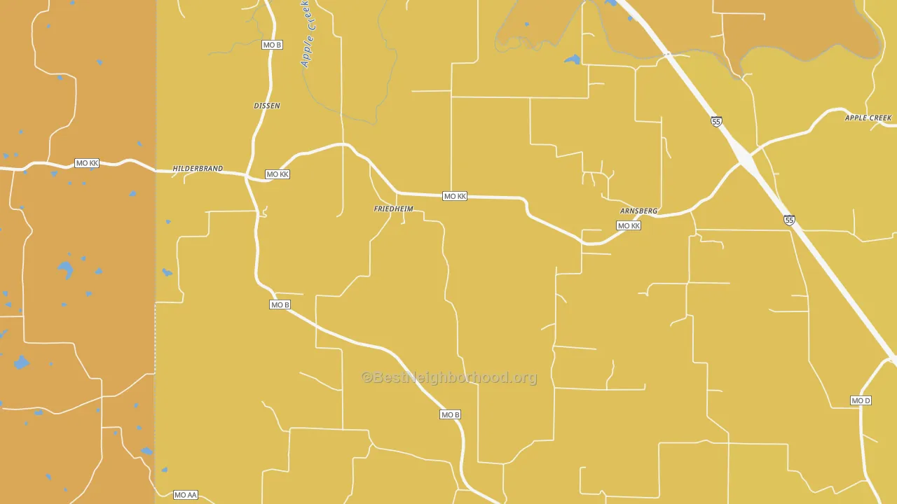 Map of the best neighborhoods in the 63747 area, with better matches in green and worse matches in red