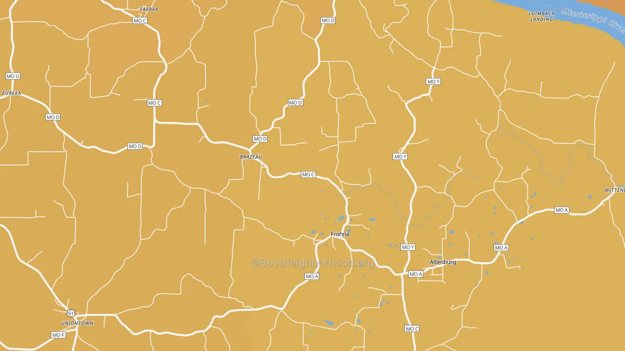 Map of the best neighborhoods in the 63748 area, with better matches in green and worse matches in red