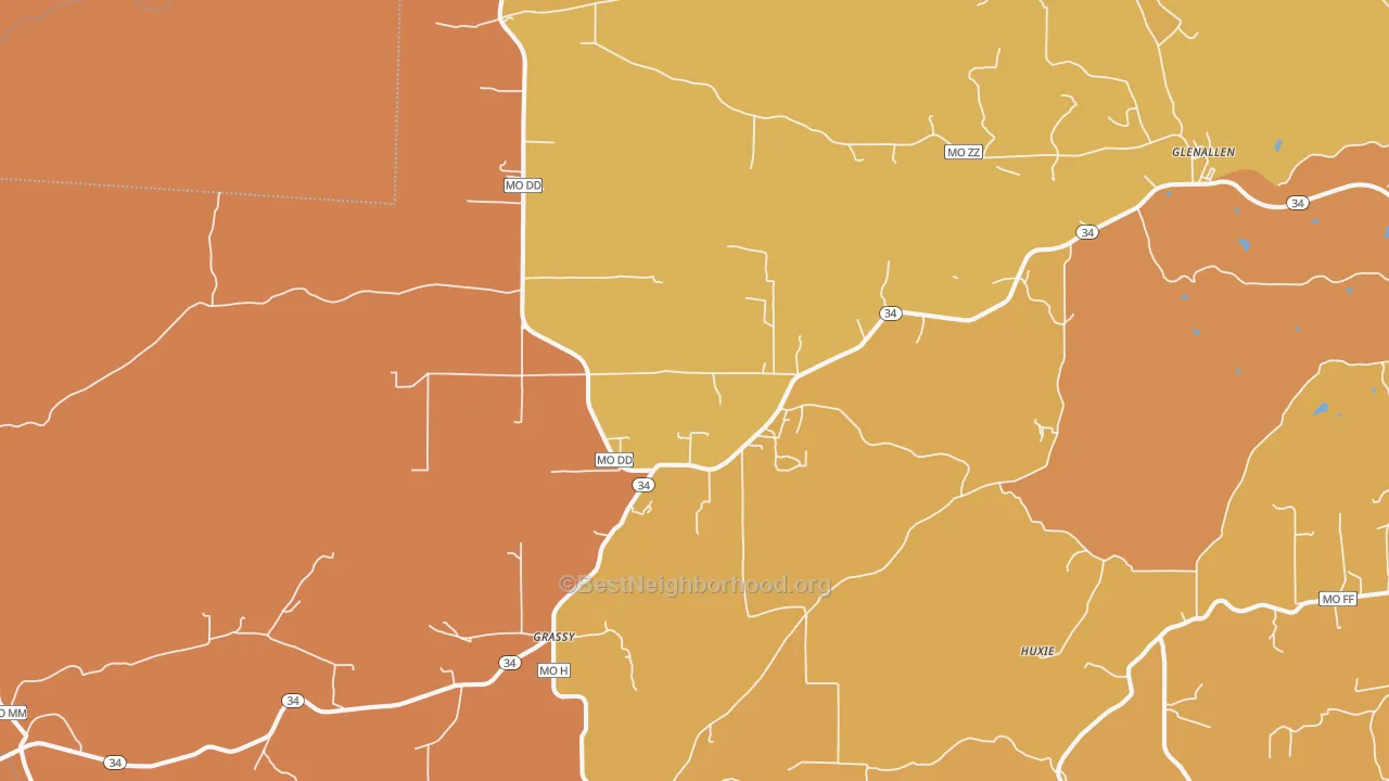 Map of the best neighborhoods in the 63751 area, with better matches in green and worse matches in red