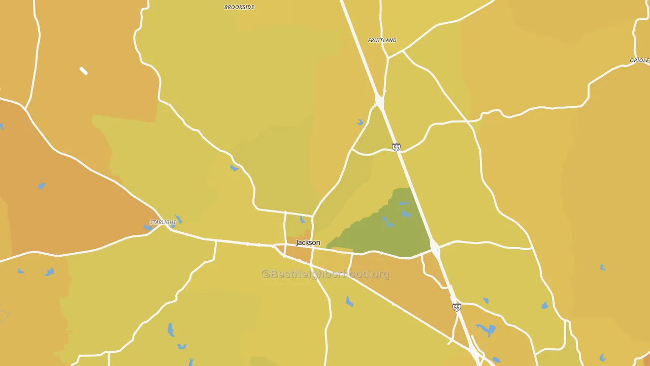 Map of the best neighborhoods in the 63755 area, with better matches in green and worse matches in red