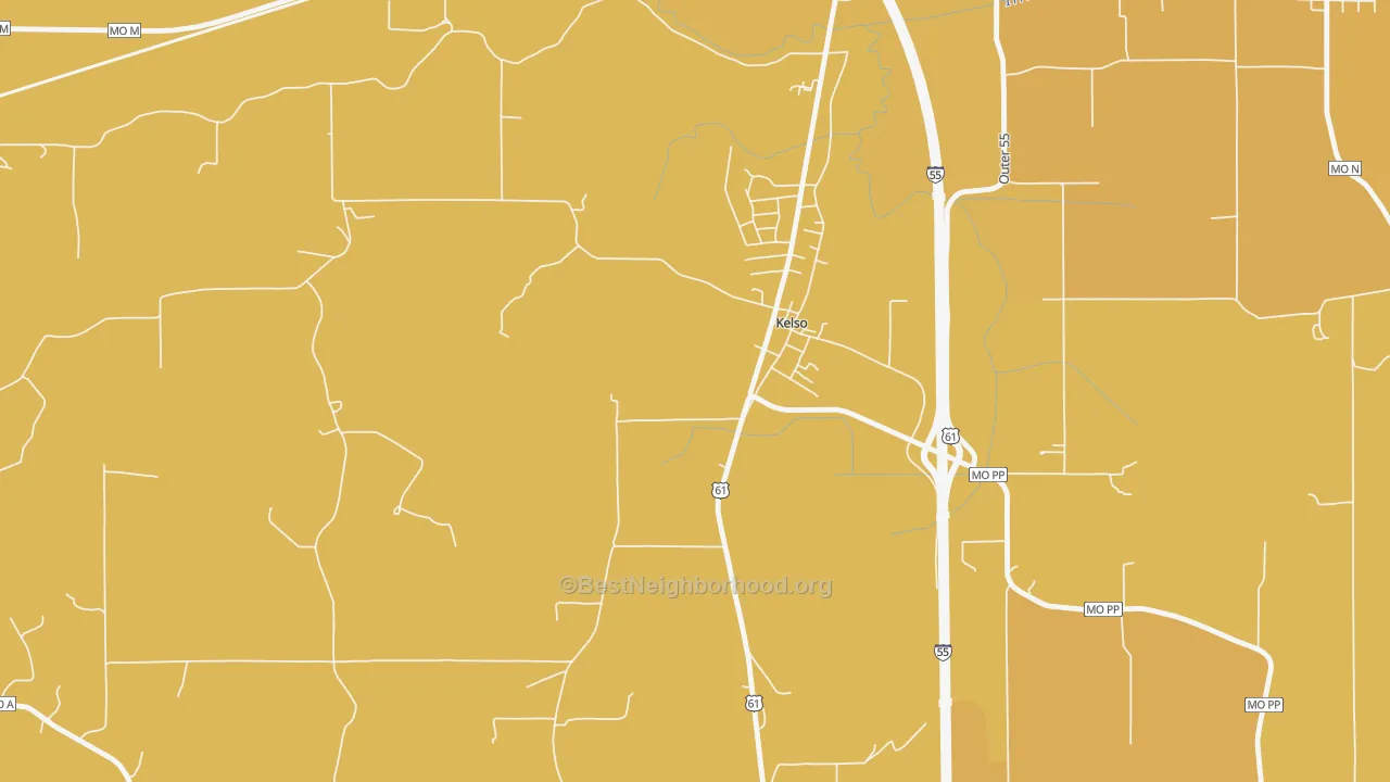Map of the best neighborhoods in the 63758 area, with better matches in green and worse matches in red