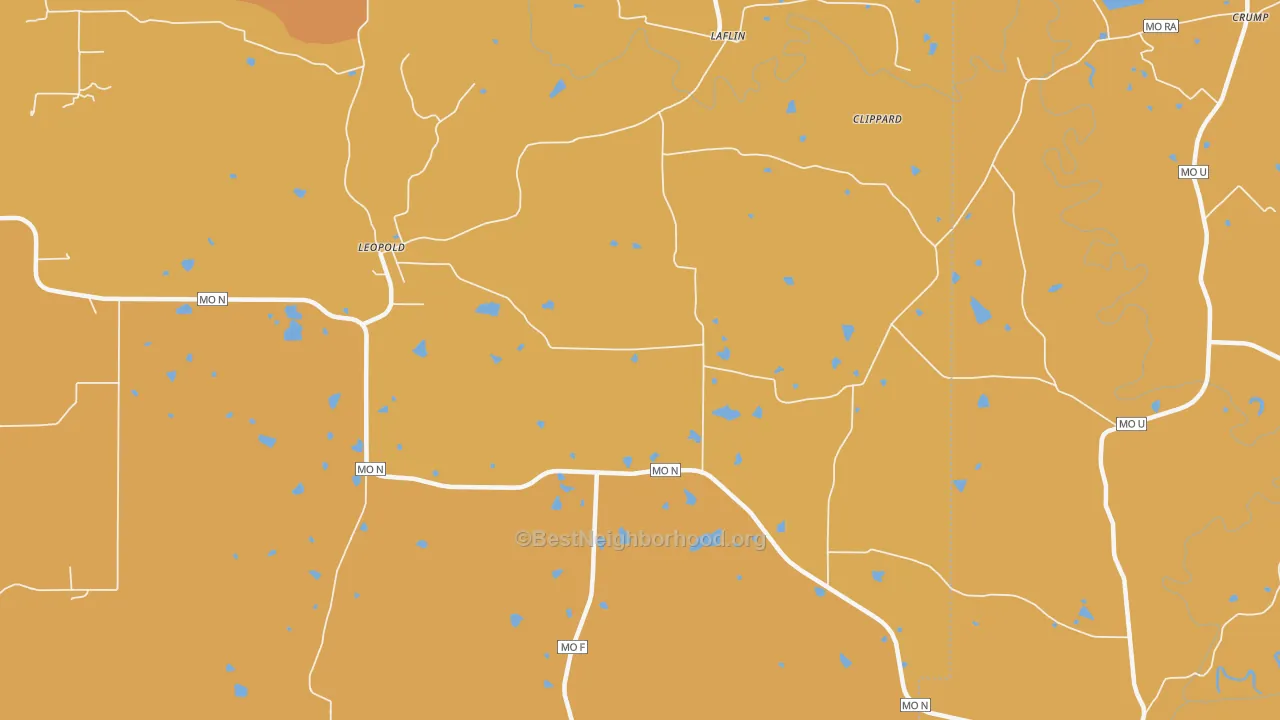 Map of the best neighborhoods in the 63760 area, with better matches in green and worse matches in red