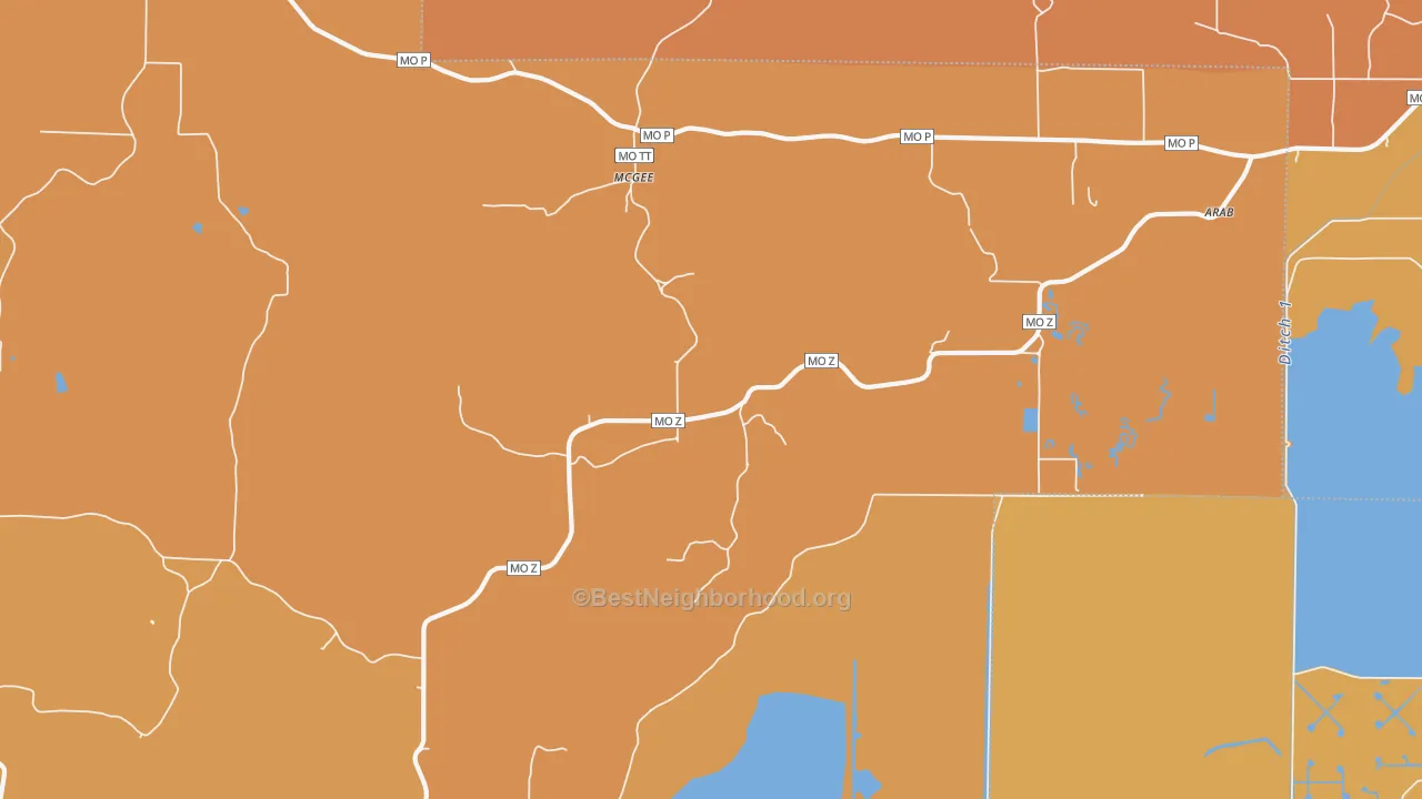 Map of the best neighborhoods in the 63763 area, with better matches in green and worse matches in red