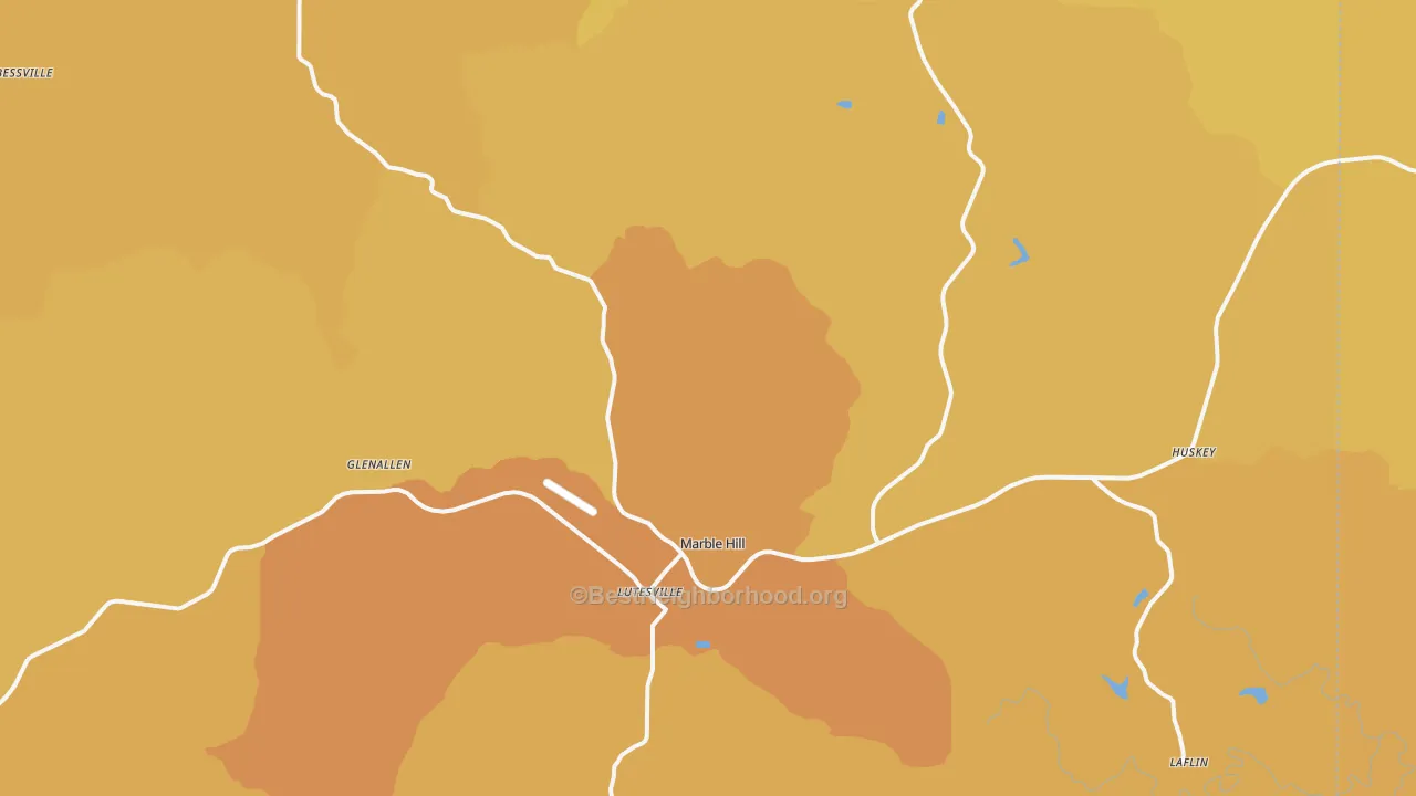 Map of the best neighborhoods in the 63764 area, with better matches in green and worse matches in red