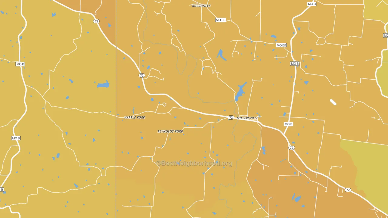 Map of the best neighborhoods in the 63766 area, with better matches in green and worse matches in red