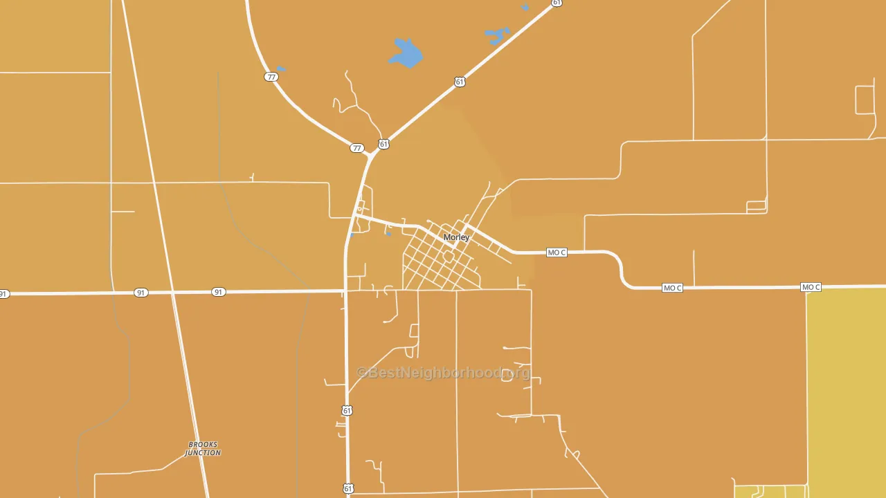 Map of the best neighborhoods in the 63767 area, with better matches in green and worse matches in red