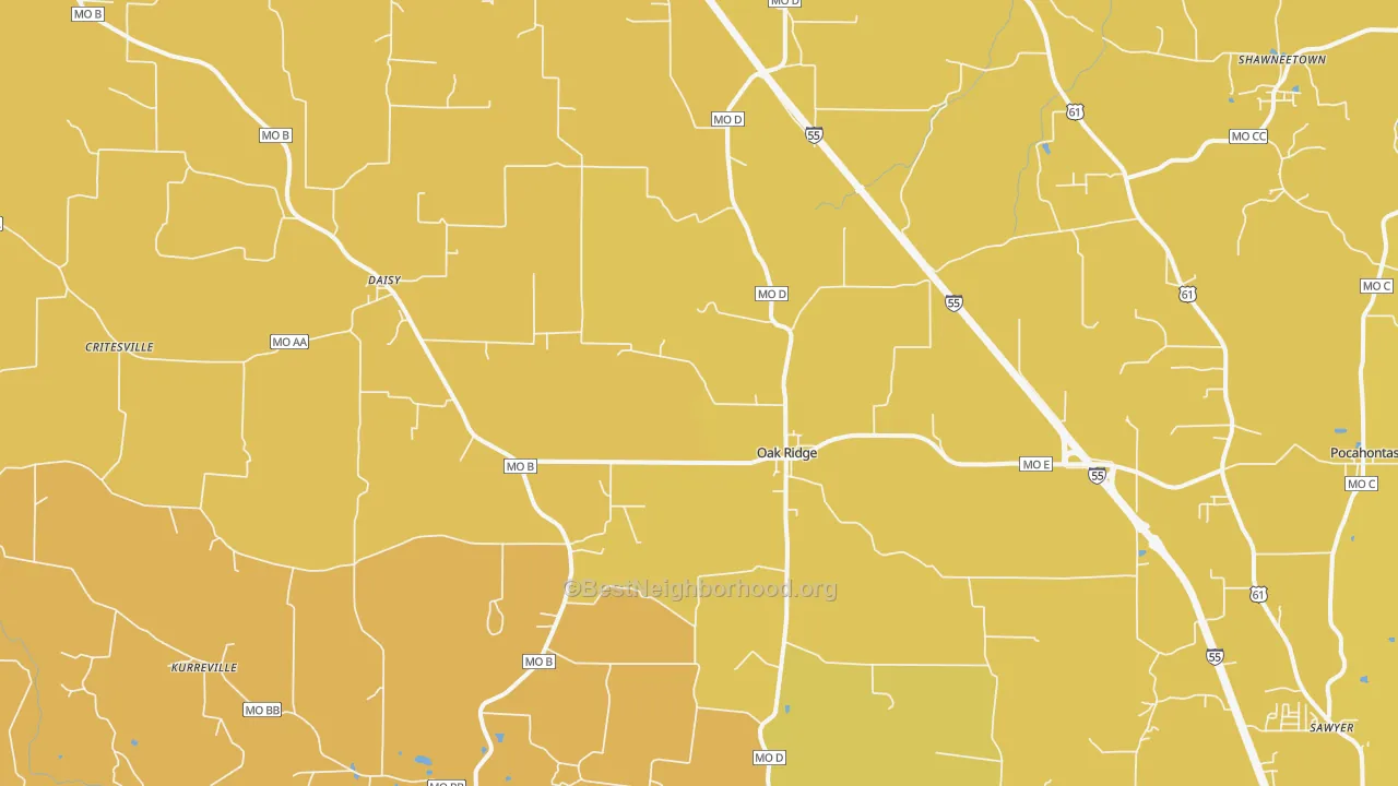 Map of the best neighborhoods in the 63769 area, with better matches in green and worse matches in red