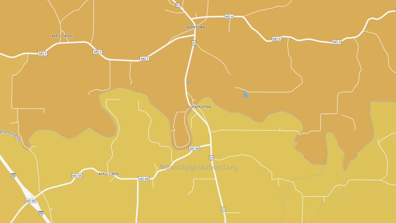 Map of the best neighborhoods in the 63770 area, with better matches in green and worse matches in red