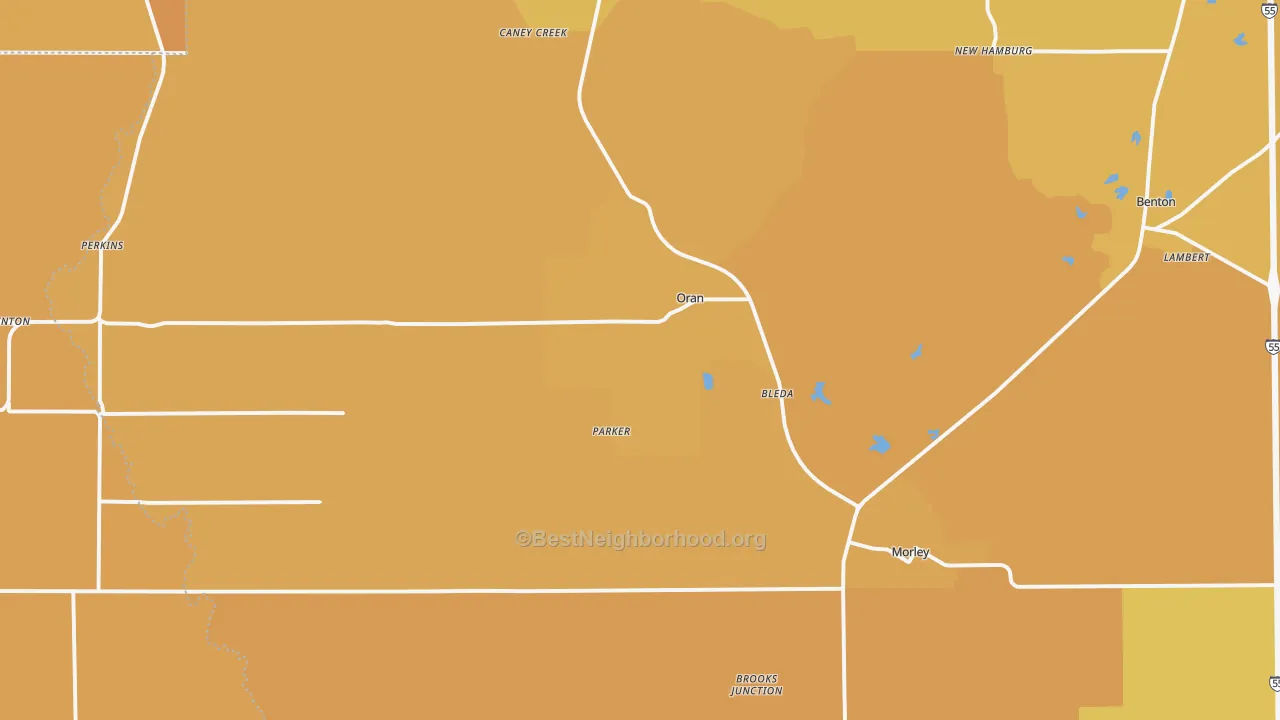 Map of the best neighborhoods in the 63771 area, with better matches in green and worse matches in red