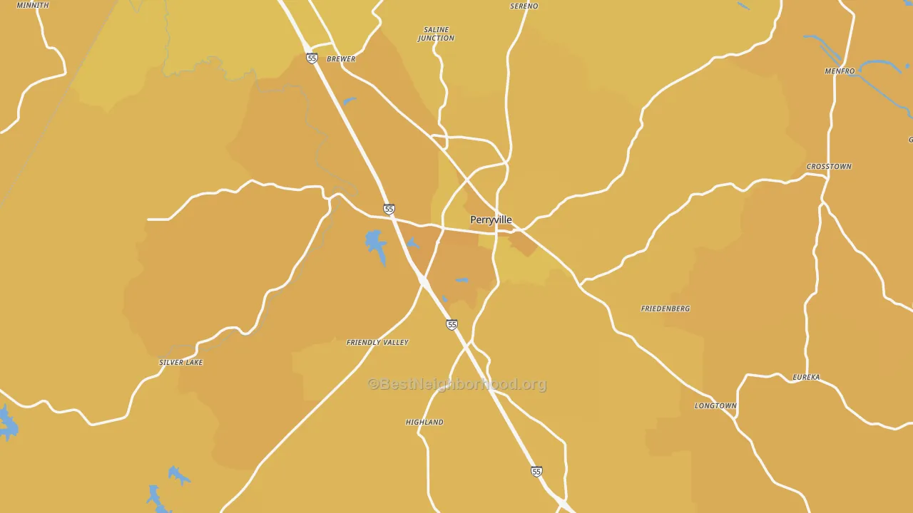 Map of the best neighborhoods in the 63775 area, with better matches in green and worse matches in red