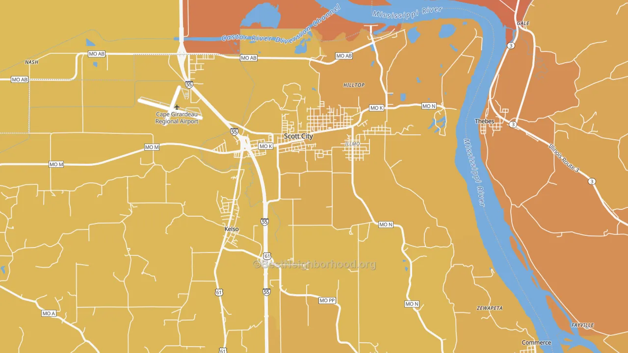 Map of the best neighborhoods in the 63780 area, with better matches in green and worse matches in red