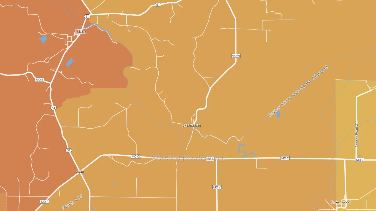 Map of the best neighborhoods in the 63782 area, with better matches in green and worse matches in red