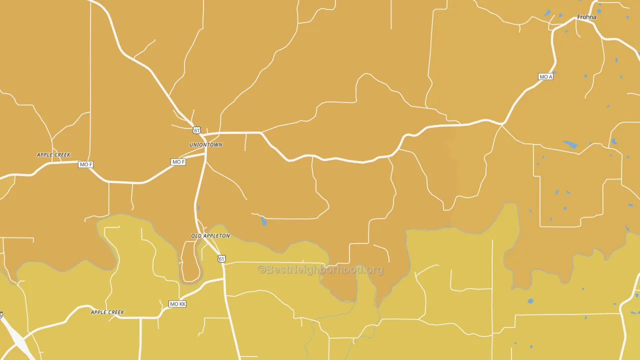 Map of the best neighborhoods in the 63783 area, with better matches in green and worse matches in red