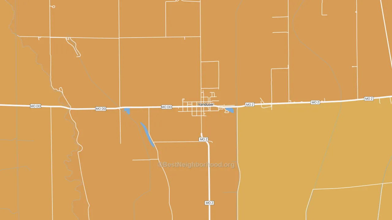 Map of the best neighborhoods in the 63784 area, with better matches in green and worse matches in red