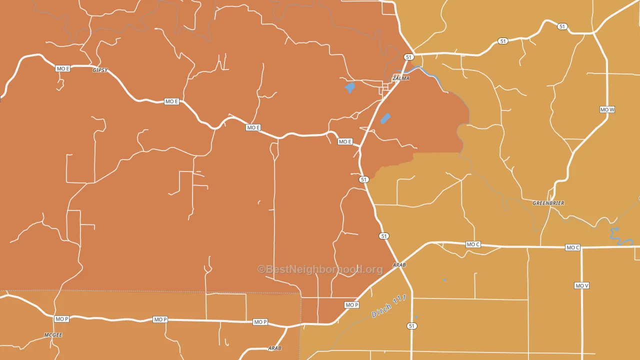 Map of the best neighborhoods in the 63787 area, with better matches in green and worse matches in red