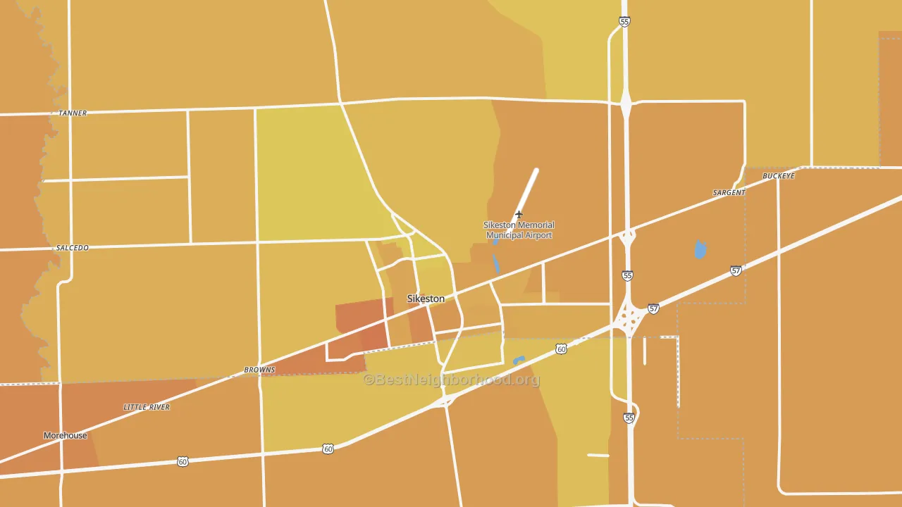 Map of the best neighborhoods in the 63801 area, with better matches in green and worse matches in red