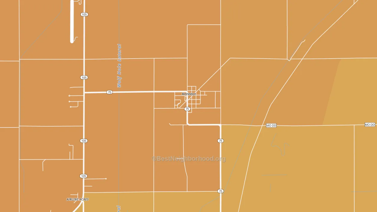 Map of the best neighborhoods in the 63820 area, with better matches in green and worse matches in red