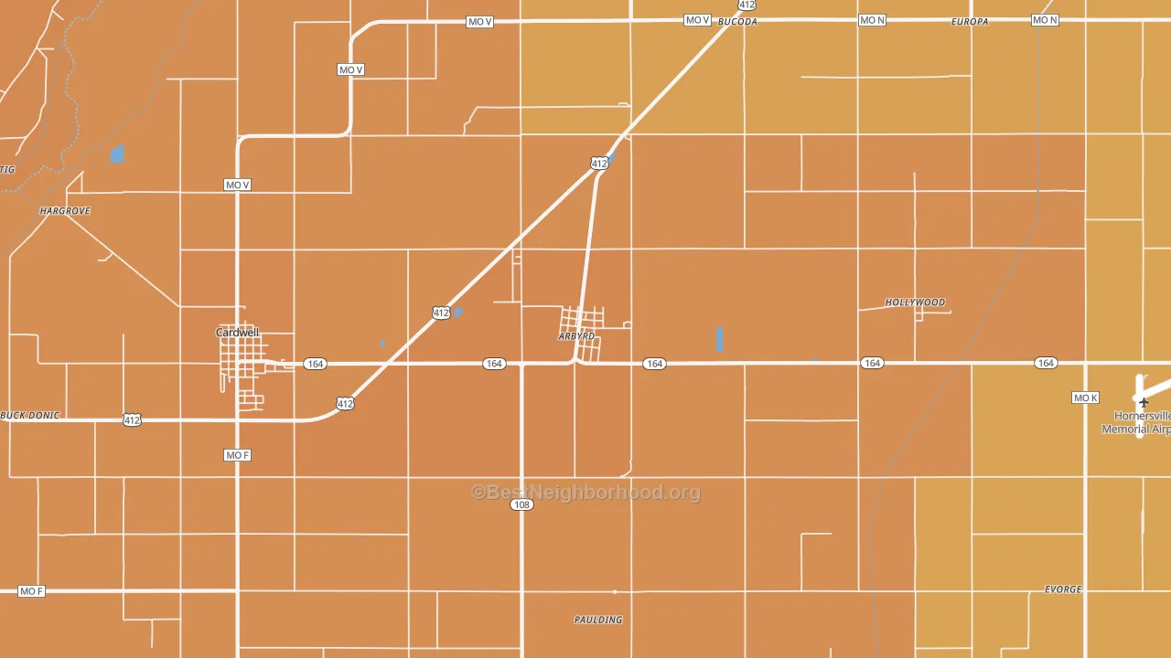 Map of the best neighborhoods in the 63821 area, with better matches in green and worse matches in red