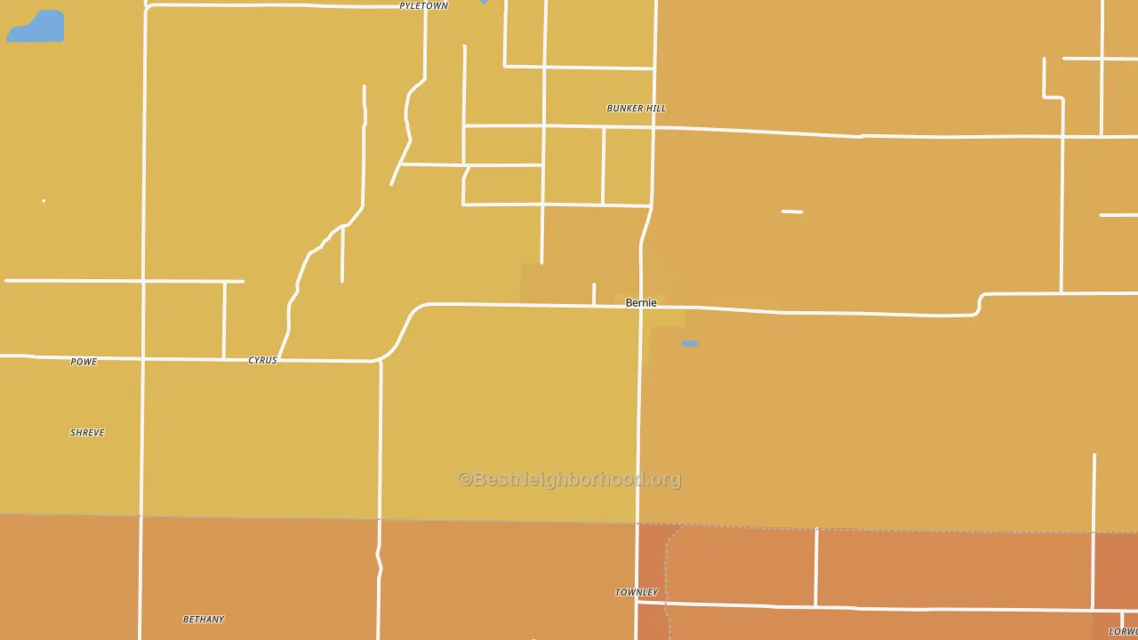 Map of the best neighborhoods in the 63822 area, with better matches in green and worse matches in red