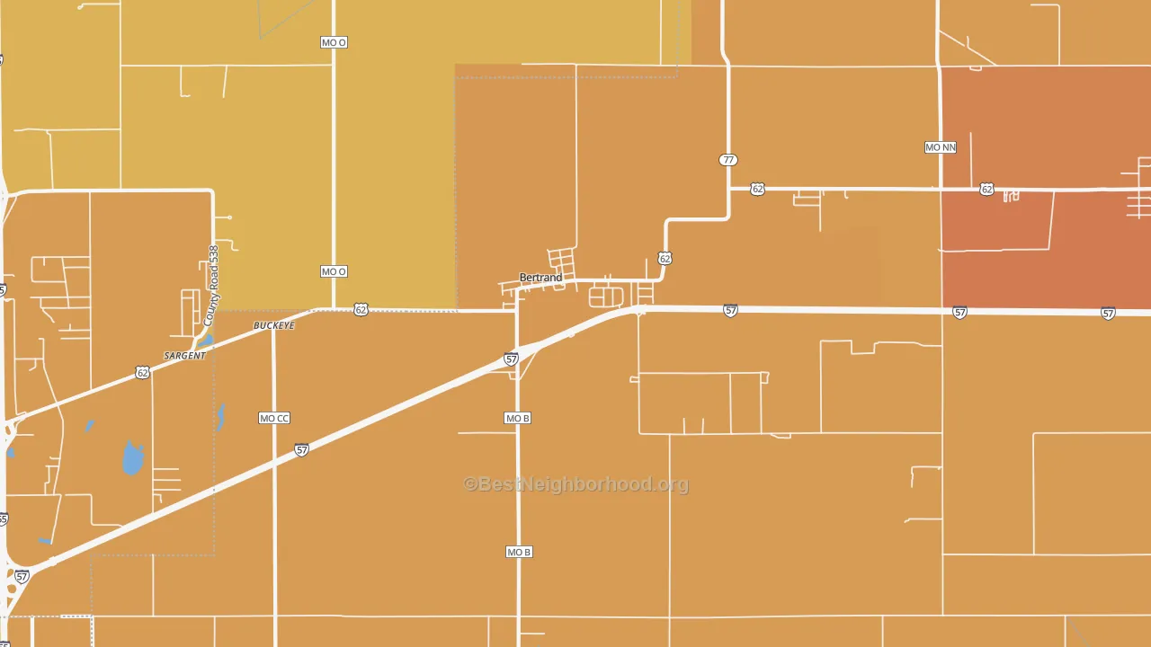 Map of the best neighborhoods in the 63823 area, with better matches in green and worse matches in red