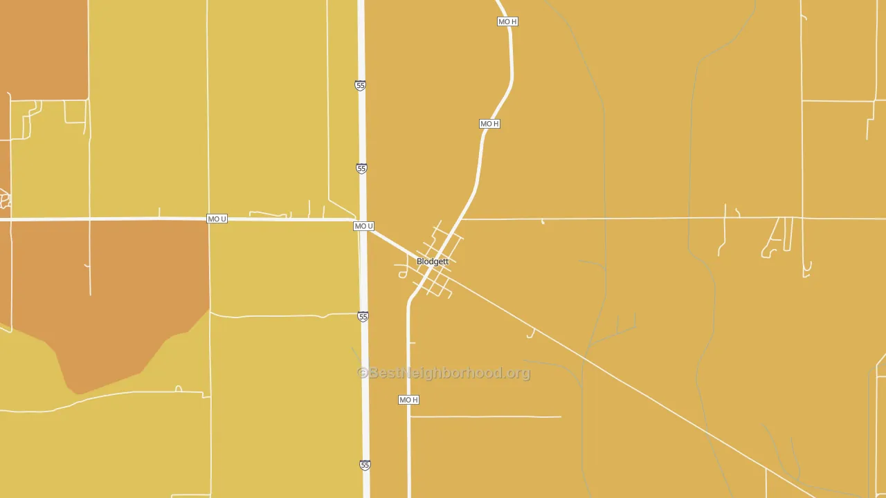 Map of the best neighborhoods in the 63824 area, with better matches in green and worse matches in red