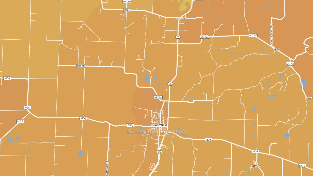 Map of the best neighborhoods in the 63825 area, with better matches in green and worse matches in red