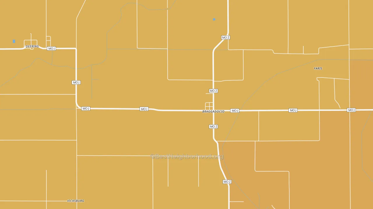 Map of the best neighborhoods in the 63826 area, with better matches in green and worse matches in red