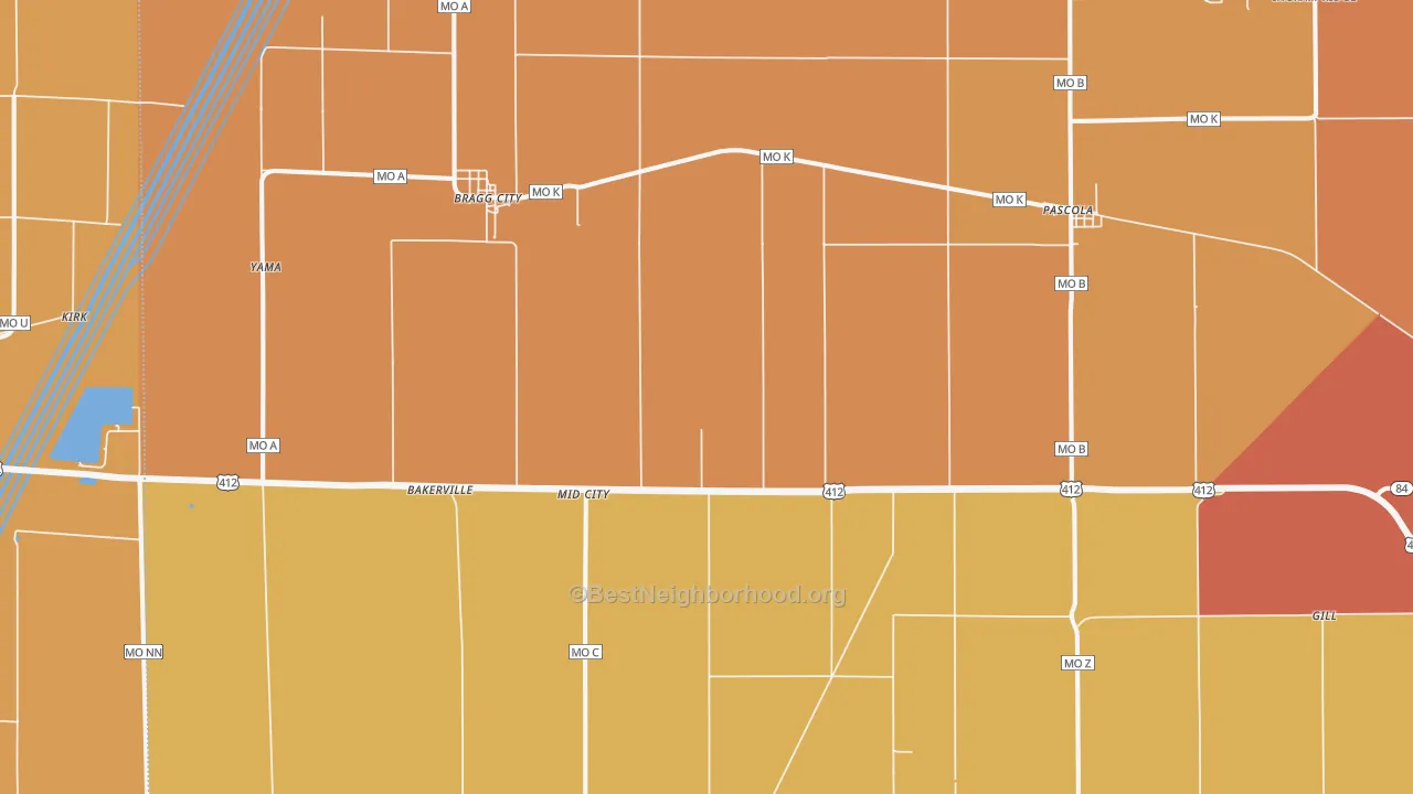 Map of the best neighborhoods in the 63827 area, with better matches in green and worse matches in red