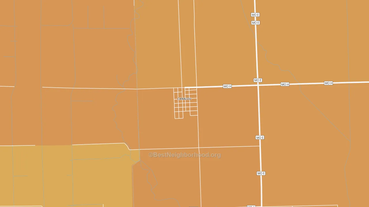 Map of the best neighborhoods in the 63828 area, with better matches in green and worse matches in red