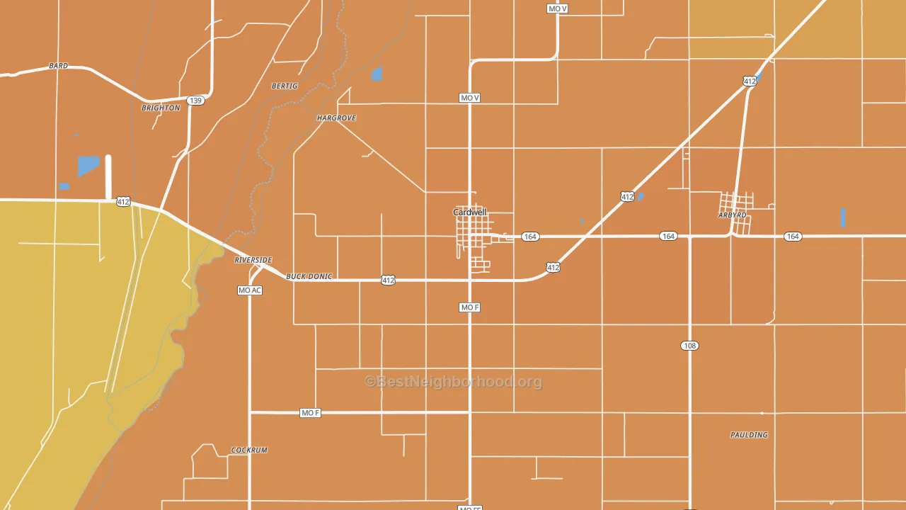 Map of the best neighborhoods in the 63829 area, with better matches in green and worse matches in red