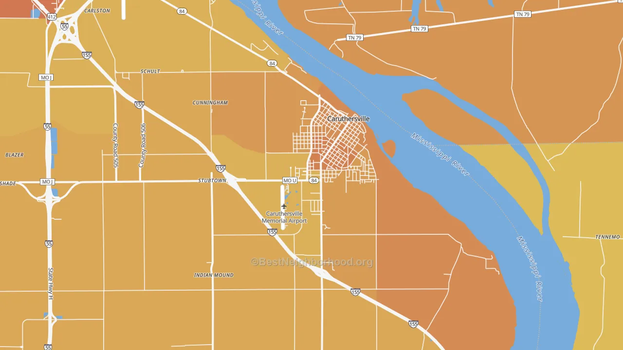 Map of the best neighborhoods in the 63830 area, with better matches in green and worse matches in red