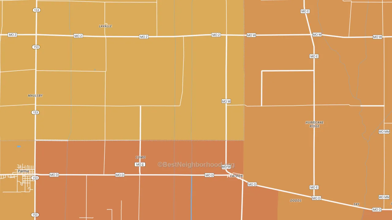 Map of the best neighborhoods in the 63833 area, with better matches in green and worse matches in red